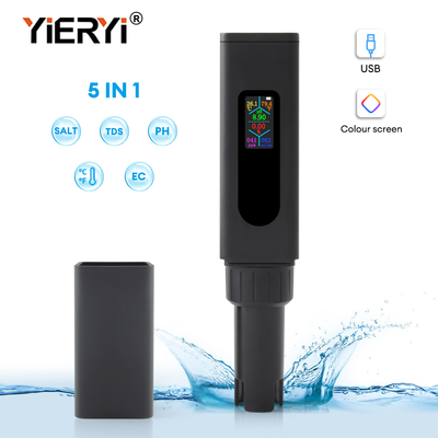 Nuevo medidor de calidad de agua recargable USB 5 en 1 ¢ TDS de pantalla de color, sal, EC, pH, probador de temperatura