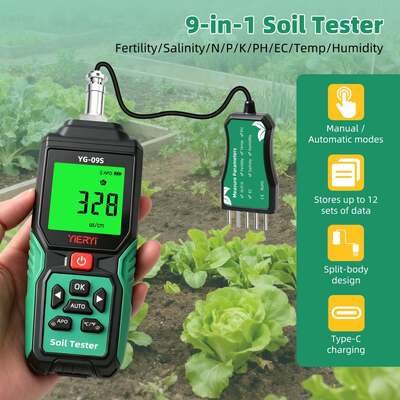 YG-09s9 9-in-1 PH/BC/salinity/fertility/nitrogen, phosphorus, potassium/temperature/humidity handheld soil tester can store and view 12 sets of records