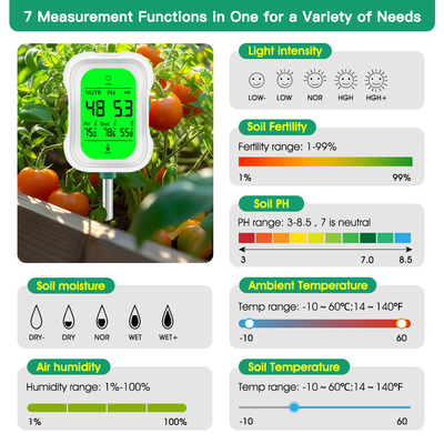 Yieryi 7 en 1 Probador de suelos herramienta esencial para el pH del suelo, humedad, intensidad de luz y temperatura, fertilidad, humedad del aire, temperatura ambiente