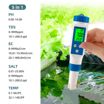 Medidor de calidad del agua Bluetooth 5 en 1 Smart PH/TDS/EC/Sal/Temperatura para acuicultura doméstica e hidroponía