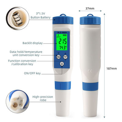 Medidor de calidad del agua Bluetooth 5 en 1 Smart PH/TDS/EC/Sal/Temperatura para acuicultura doméstica e hidroponía