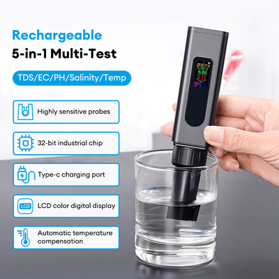 Nuevo medidor de calidad de agua recargable USB 5 en 1 ¢ TDS de pantalla de color, sal, EC, pH, probador de temperatura