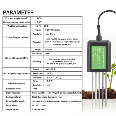 Sensor de suelo USB 7 en 1 Probador de suelo Agricultura Medidor de nutrientes EC PH NPK para Android