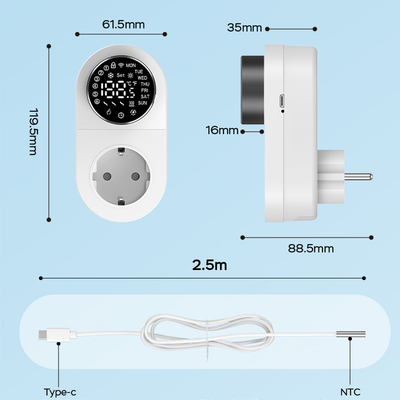 Enchufe termostato WiFi inteligente Tuya con sensor de temporizador y control táctil