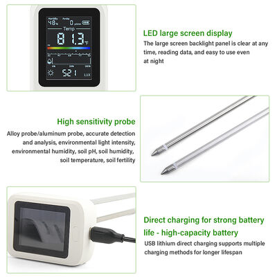 Testador de suelo de 6 en 1 con pantalla LED USB Tipo C Pantalla LCD recargable y giratoria para jardinería y agricultura