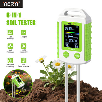 YIERYI 6-en-1 Tester de suelo con pantalla giratoria de 90° para un solo paso de funcionamiento - Medidas de pH, fertilidad, humedad, luz, temperatura y humedad