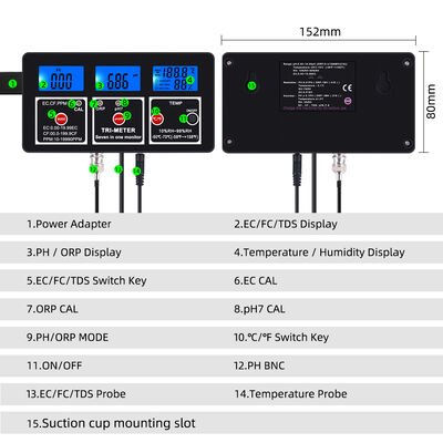 Probador de calidad de agua multifunción 7 en 1 con pantalla LCD y compensación automática de temperatura para acuarios y piscinas