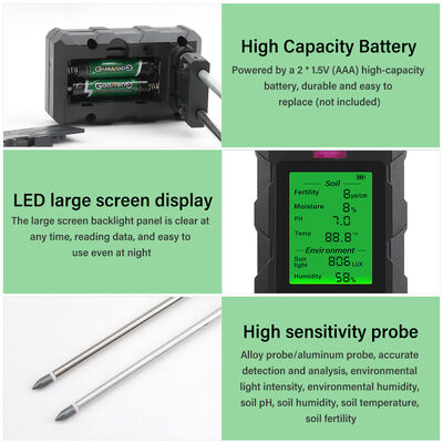 YiERYi 6-IN-1 Soil Detector 3.5-9pH/0-99% Moisture/0-3000μs/cm Fertility 90° Rotatable Screen