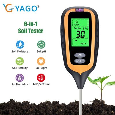 6 en 1 medidor de pH del suelo Jardín pH del suelo / fertilidad / humedad / luz / humedad del aire / temperatura Herramienta de prueba de suelo multifuncional