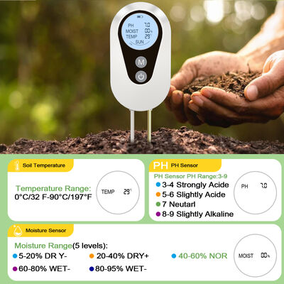 Teste digital de pH del suelo, temperatura de humedad y luz solar 4 en 1 con pantalla LCD retroiluminada para jardinería