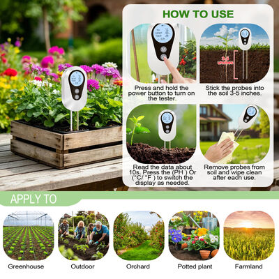 Teste digital de pH del suelo, temperatura de humedad y luz solar 4 en 1 con pantalla LCD retroiluminada para jardinería