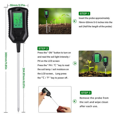 Interfaz de usuario LCD grande 4 en 1 medidor de suelo PH medidor de suelo herramientas de análisis de humedad/temperatura/luz solar