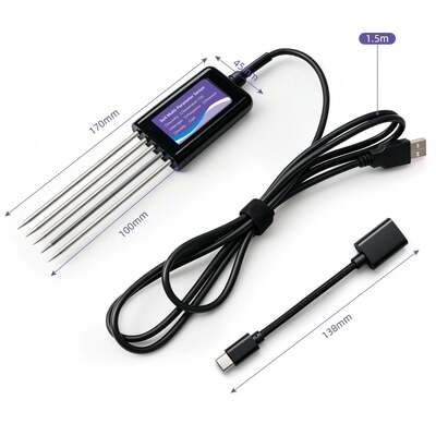 Probador de suelo conectado por USB-C mejorado con función de almacenamiento de datos de EC, temperatura, humedad, pH, fertilidad y N-P-K