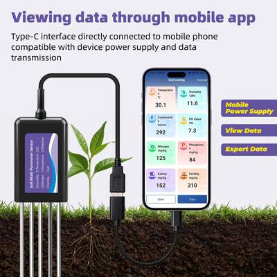 Probador de suelo conectado por USB-C mejorado con función de almacenamiento de datos de EC, temperatura, humedad, pH, fertilidad y N-P-K