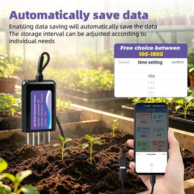 Probador de suelo conectado por USB-C mejorado con función de almacenamiento de datos de EC, temperatura, humedad, pH, fertilidad y N-P-K