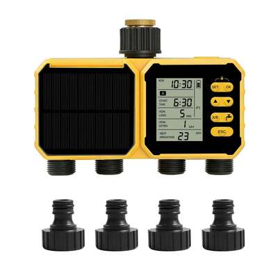 Temporizador de Agua Solar YiERYI de 4 Salidas, Controlador de Riego con Sensor de Lluvia, Sistema de Riego Automático Programado con Bloqueo para Niños para Válvula de Riego de Jardín, Césped y Granja