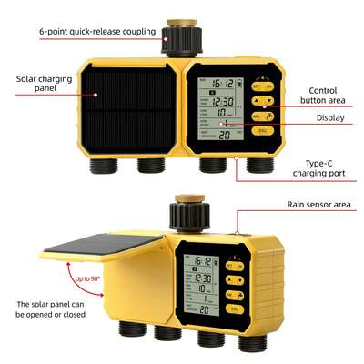 Temporizador de Agua Solar YiERYI de 4 Salidas, Controlador de Riego con Sensor de Lluvia, Sistema de Riego Automático Programado con Bloqueo para Niños para Válvula de Riego de Jardín, Césped y Granja