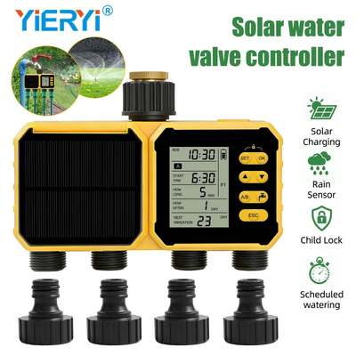 Temporizador de Agua Solar YiERYI de 4 Salidas, Controlador de Riego con Sensor de Lluvia, Sistema de Riego Automático Programado con Bloqueo para Niños para Válvula de Riego de Jardín, Césped y Granja