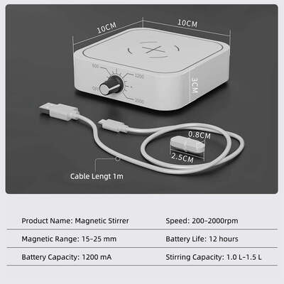 Mini mezclador magnético, mezclador de líquidos portátil cargado por USB, velocidad ajustable 200-2000 rpm, capacidad de 1,0-1,5, equipo de mezcla magnética de laboratorio de bajo voltaje