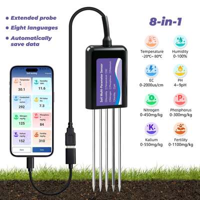 Probador de suelo conectado por USB-C mejorado con función de almacenamiento de datos de EC, temperatura, humedad, pH, fertilidad y N-P-K