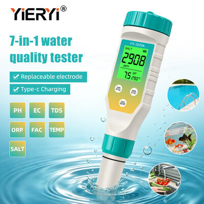 Pluma de prueba de calidad de agua 7 en 1, pH Salinidad ORP TDS EC FAC TEMP, Pantalla retroiluminada verde simultánea, Recargable